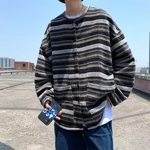 港风文艺复古高级感设计条纹拼接毛衣男情侣个性夹克外套Y193P50图片