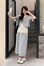 夏季新款洋气女2025蕾丝拼接连帽卫衣半身裙两件套时尚连衣裙套装，女装套装/套裙，2C133