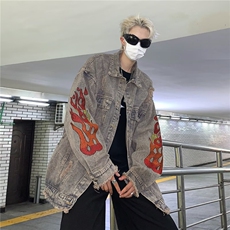 美式复古火焰刺绣牛仔外套男春秋季新款潮牌帅工装夹克W5283-P60，男装工装外套，星座412