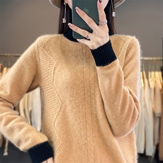 秋冬新款拼色100%羊毛衫女半高领菱形扭花羊绒衫宽松针织打底上衣，女装羊毛衫，邓利维