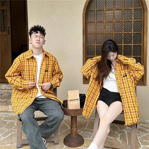 2025美式复古多巴胺黄色格子衬衫男女高街衬衣开衫长袖外套上衣图片