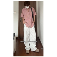 现货CS21-特P32夏季薄款男女宽松格子短袖衬衫半袖寸衣外套，男装T恤，电商B327