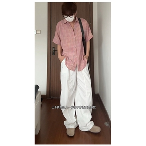 现货 CS21-特P32 夏季薄款男女宽松格子短袖衬衫半袖寸衣外套图片