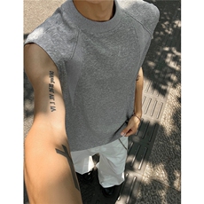 外景重磅正肩美式短袖小领螺纹拼接背心T恤衫男H1091特P20，男装背心/马甲，电商A341