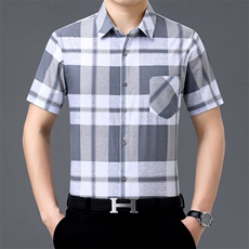 短袖衬衫男格子翻领上衣服夏季中老年男士休闲宽松衬衣爸爸夏装，男装衬衫，电商B212（原钱塘6029）
