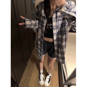 春秋夏新款美式复古街头格子衬衣宽松字母印花长袖衬衫外套图片
