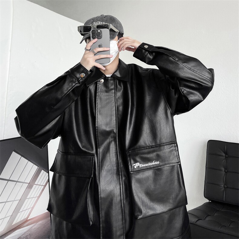 秋季新款皮夹克男宽松刺绣潮流皮衣外套翻领A266-PY007-P65，男装皮衣，电商A266