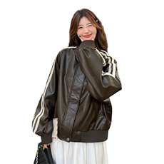 学院风PU皮黑色棒球服短外套女春秋2025新款超火好看机车夹克上衣，女装皮衣，2D035