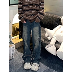 现货潮牌情侣美式复古拼接绑带牛仔裤宽松直筒水洗长裤WLD99-P62，男装牛仔裤，星座1008-1