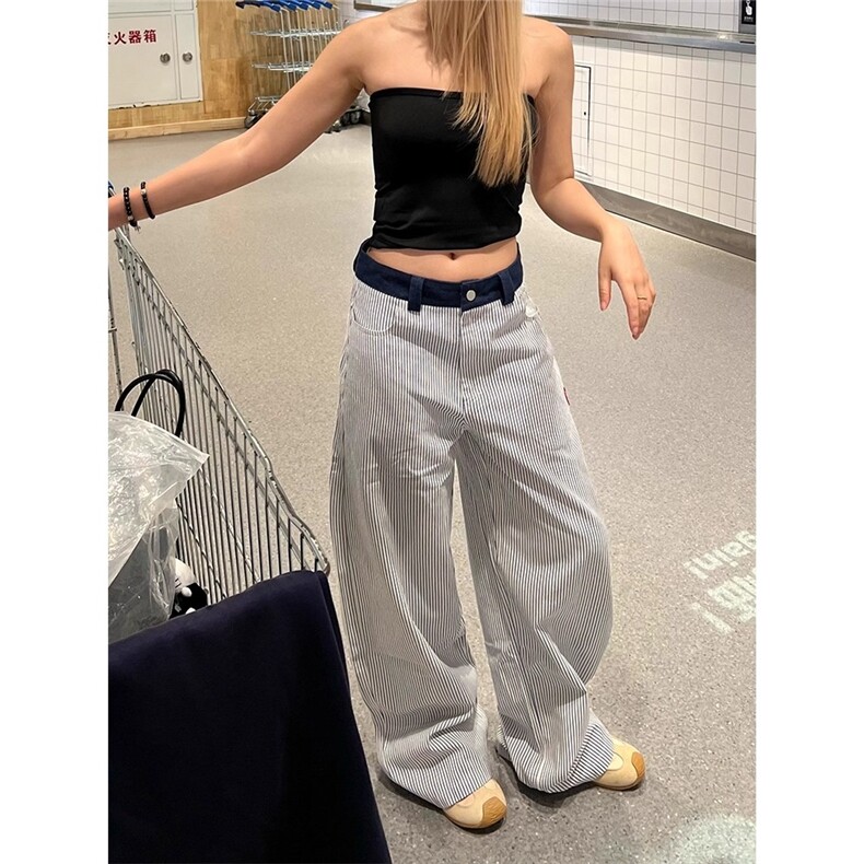 美式原创爱心刺绣竖条纹休闲裤男女松弛街舞直筒宽松百搭裤子，女装休闲裤，星座1210-1