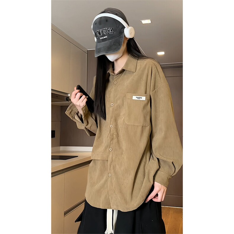 2025春季新款女模内景大码灯芯绒长袖衬衫M-5XHC23540-特P35,男装衬衫,电商A022