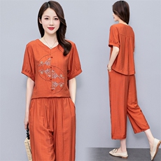 复古刺绣天丝棉麻套装女2024夏新款休闲气质减龄七分阔腿裤两件套，女装套装/套裙，涵墨