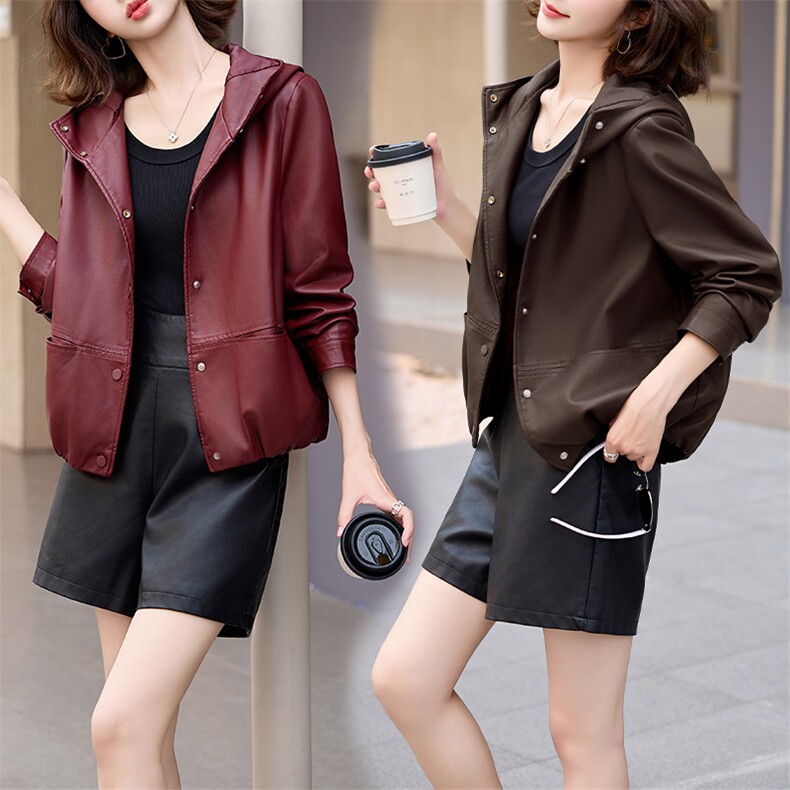仿真皮皮衣女2024新款秋带帽休闲小个子海宁仿绵羊皮夹克外套短款，女装皮衣，美拉德工厂直营店