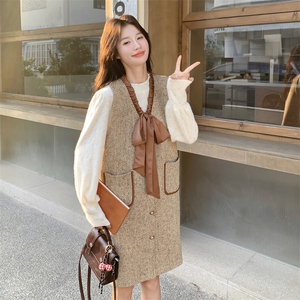法式小香风连衣裙打底衫两件套女2025冬季新款韩版超好看显瘦套装图片