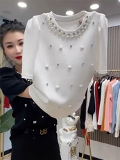 小香风重工订珠钉钻泡泡袖，女装T恤，雪兔电商全品类