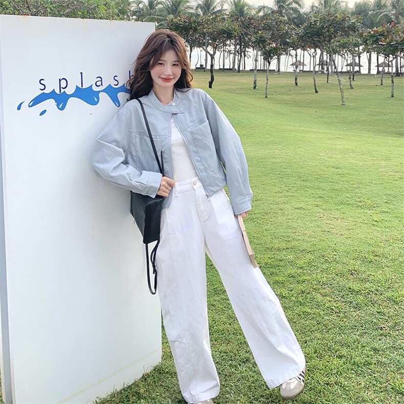 蓝色蕾丝刺绣拼接短外套女2025年秋季新款韩版小个子休闲夹克上衣,女装皮衣,2C301