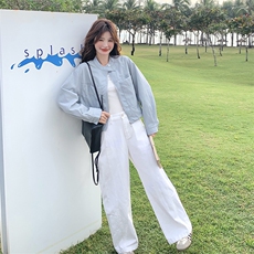 蓝色蕾丝刺绣拼接短外套女2025年秋季新款韩版小个子休闲夹克上衣，女装皮衣，2C301