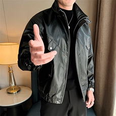 立领男士皮夹克机车皮衣秋季新款外套潮茄克A266-PY008-P55，男装皮衣，电商A266