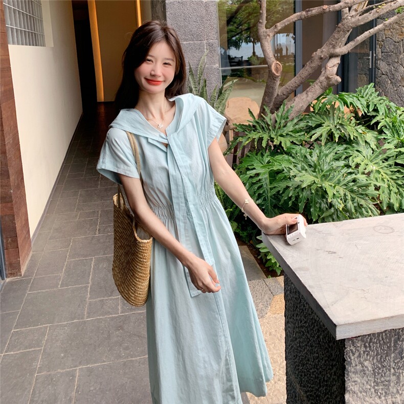 韩系蓝色绑带收腰棉布连衣裙女2025夏季新款显瘦a字长裙,女装连衣裙,2C218