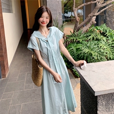 韩系蓝色绑带收腰棉布连衣裙女2025夏季新款显瘦a字长裙，女装连衣裙，2C218