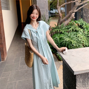韩系蓝色绑带收腰棉布连衣裙女2025夏季新款显瘦a字长裙图片