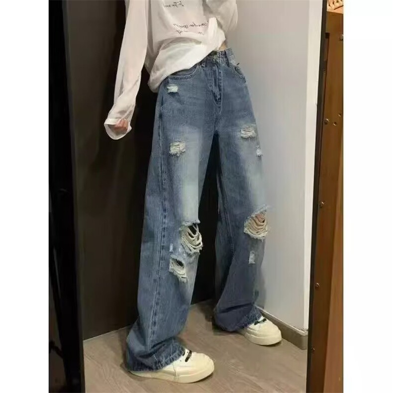 美式街头夏季破洞牛仔裤男女破坏宽松水洗直筒阔腿裤网图,男装牛仔裤,星座410-6（原星座1304-1）