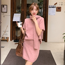 慵懒风针织套装女秋季韩版围脖毛衣外套短袖内搭上衣短裙四件套裙，女装套装/套裙，半夏