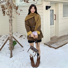 新款！冬装围巾+腰带撞色毛呢大衣外套2C133-8983-P195-K278，女装毛呢外套，2C133