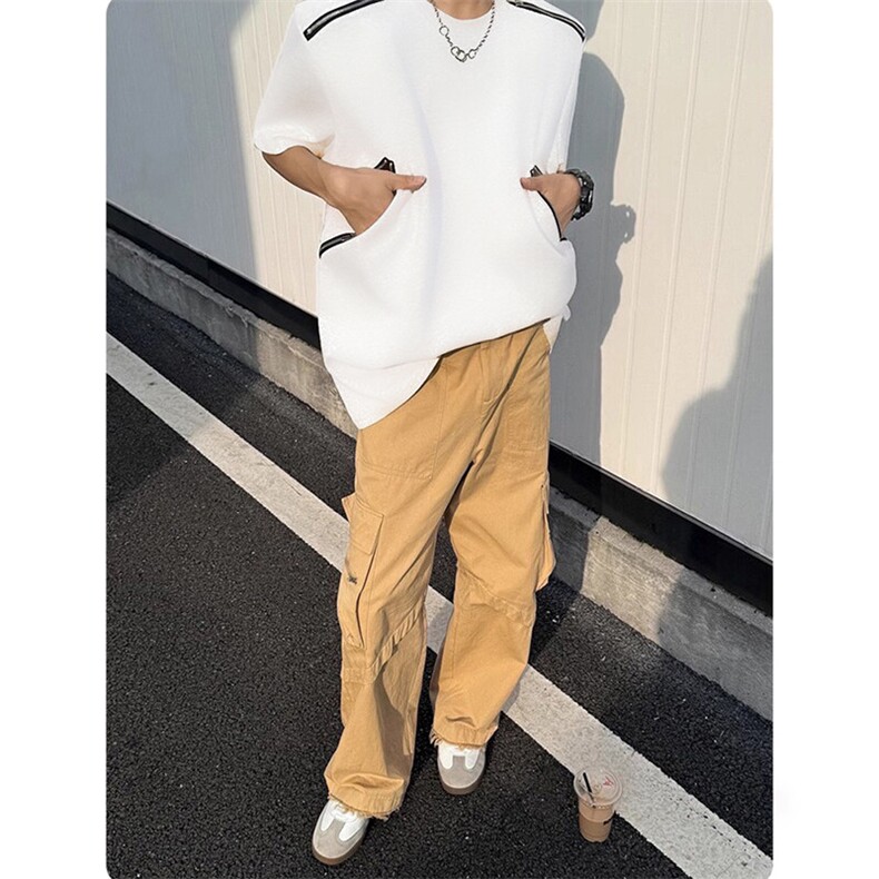 高品质二开240克宽松纯棉美式高街痞帅机车金属多拉链短袖T恤,男装T恤,电商A486-1