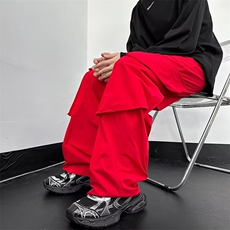 红色工装裤男女潮牌高街多口袋阔腿宽松长裤CK65P33，男装休闲裤，星座410-2