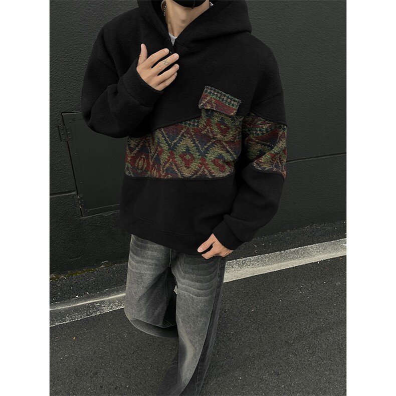WY10096-P55摇粒绒撞色拼接保暖连帽小众卫衣,男装棉衣,电商A059