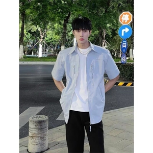 拉链垫肩衬衫男短袖秋季高级感痞帅工装衬衣设计感cleanfit五分袖图片