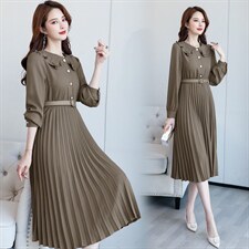 百褶连衣裙纯色通勤高腰套头A字裙长袖淑女2021年春季，女装连衣裙，铭街依杨