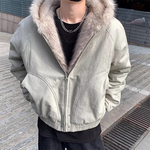 网图 连帽座山雕pu皮加绒荔枝纹 座山雕领棉衣外套图片