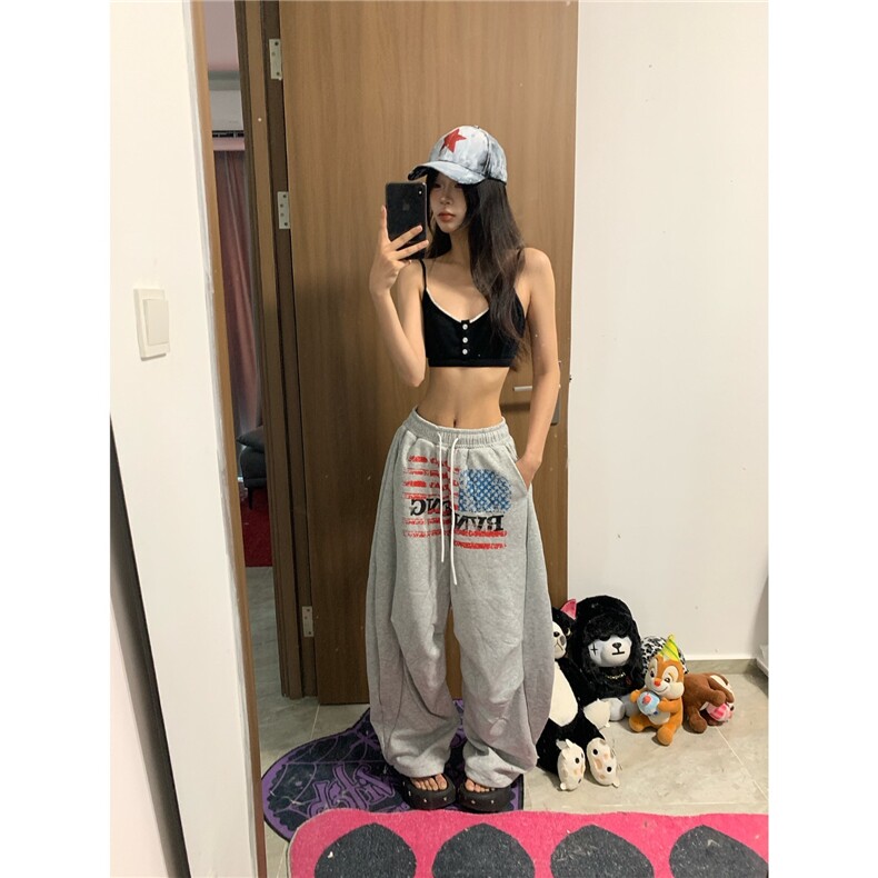 高街vibe休闲阔腿裤女秋季美式复古印花宽松慵懒卫裤LB30877-P53,男装休闲裤,星座1008