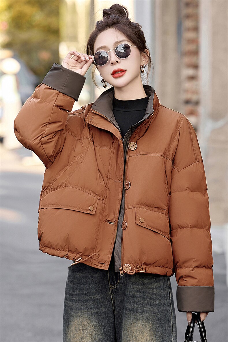 设计感针织拼接短款羽绒服女2025年冬季新款小个子加厚韩版面包服,女装羽绒服,美沁