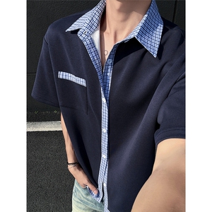 格子拼接撞色夏季潮流假两件衬衫男士翻领短袖休闲百搭BF半袖 P40图片
