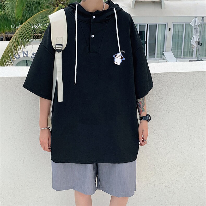 LD54167-P45连帽短袖t恤男大码胖子带帽五分袖中袖,男装T恤,电商A040