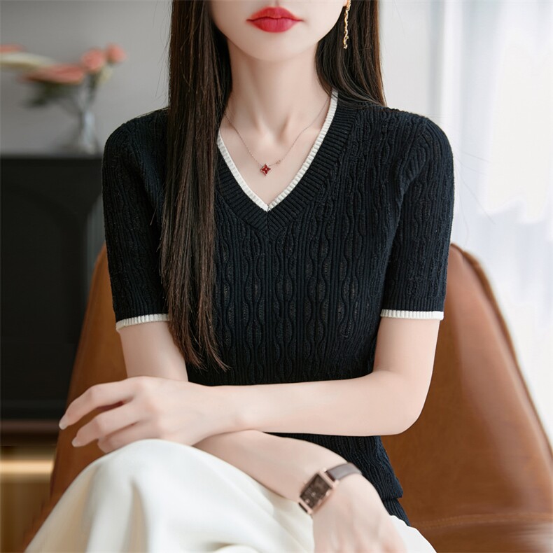 2025年新款纯棉拼色V领时尚拼色显瘦减龄灯笼花针织短袖T恤衫，女装T恤，秋双羊绒