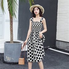现货2022夏新款时尚吊带裙大波点休闲修身显瘦中长款小众连衣裙，女装连衣裙，天丽