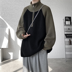 8XL-M撞色半拉链毛衣宽松慵懒风插肩袖大码针织衫外套MY1513/P75，男装针织衫/毛衣，电商B238