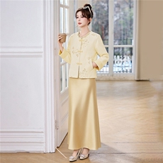 新中式G风套装女2026春新款优雅时尚复古盘扣刺绣文艺范两件套裙，女装套装/套裙，卡杰菲