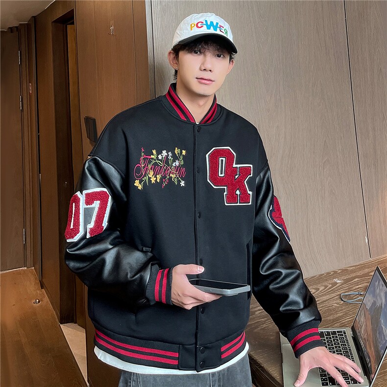 JK5872-P85美式拼接刺绣PU皮撞色棒球服飞行员夹克外套控149,男装夹克,星座109