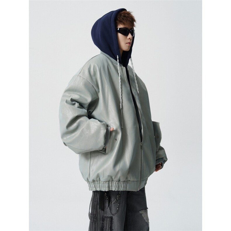 706-LK7071-P128现货冬季男士假两件连帽pu皮棉衣保暖棉服外套,男装皮衣,星座706