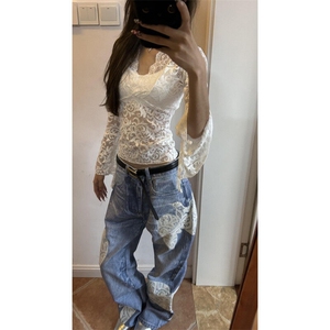 【有货】N6014HH-特P65 蕾丝和平鸽贴布刺绣牛仔裤男女款裤子图片