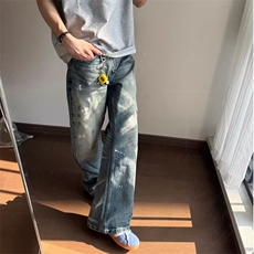 美式泼墨高街牛仔裤男复古水洗做旧休闲裤宽松长裤子L91511-P49，男装牛仔裤，星座1008