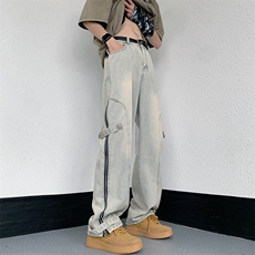 美式高街搭扣拉链牛仔裤水洗痞帅开叉裤313A-1-NZ034-P65控78，男装牛仔裤，星座808A-1