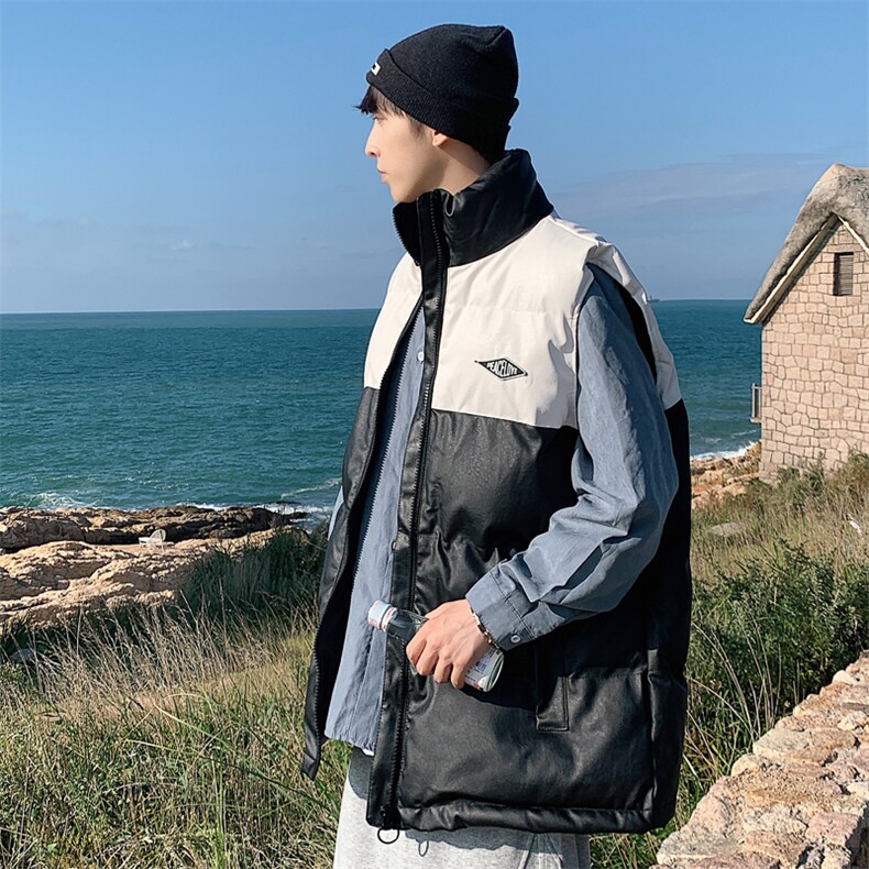 2026秋冬装羽绒棉马甲男加厚拼色立领PU皮坎肩MJ17588/P85白色，女装马甲，电商A094