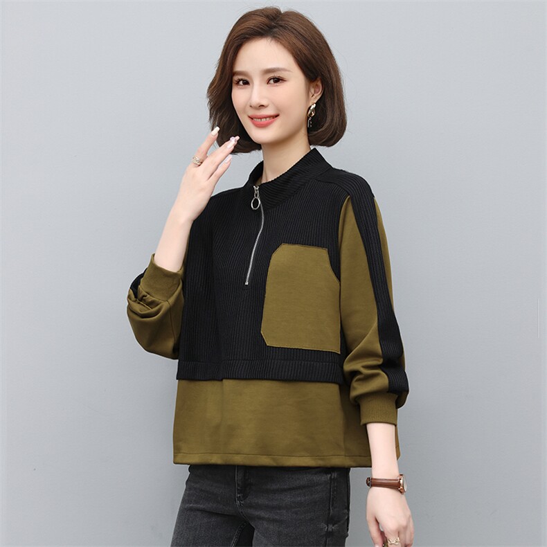 卫衣女套头针织拼接毛衣时尚撞色拉链套头上衣,女装卫衣/绒衫,曼沙奕珂