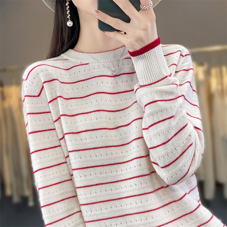 2025年春羊毛衫女毛衣圆领条纹打底衫新款宽松针织上衣,女装羊毛衫,优麦羊绒（原洪叶羊绒）